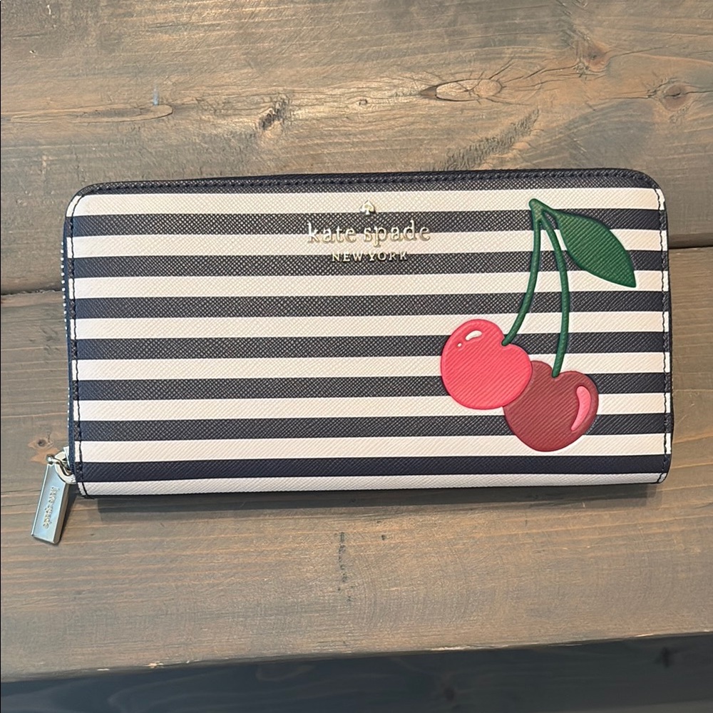 Kate Spade Black and White Striped Wallet with Cherry Accent